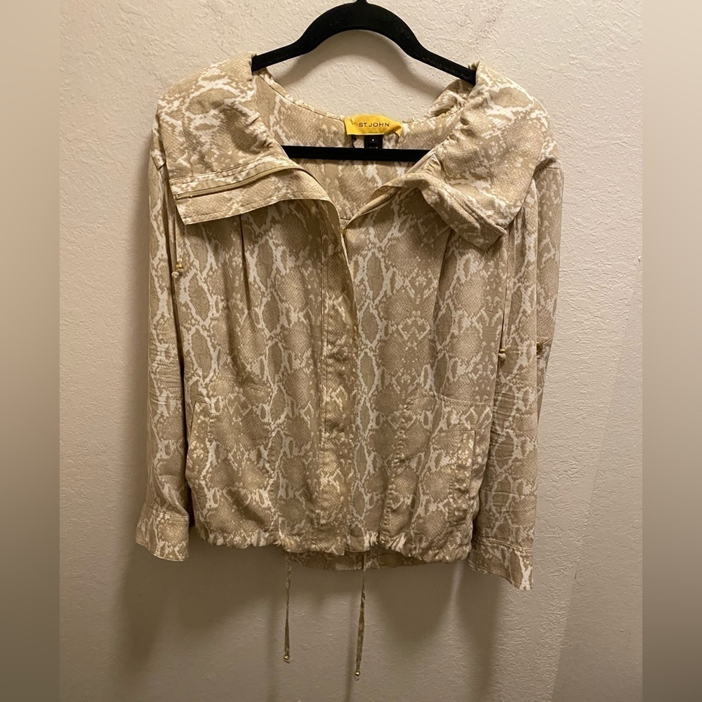 St. John Beige & White Animal Print Silk Blend Windbreaker Jacket Size P